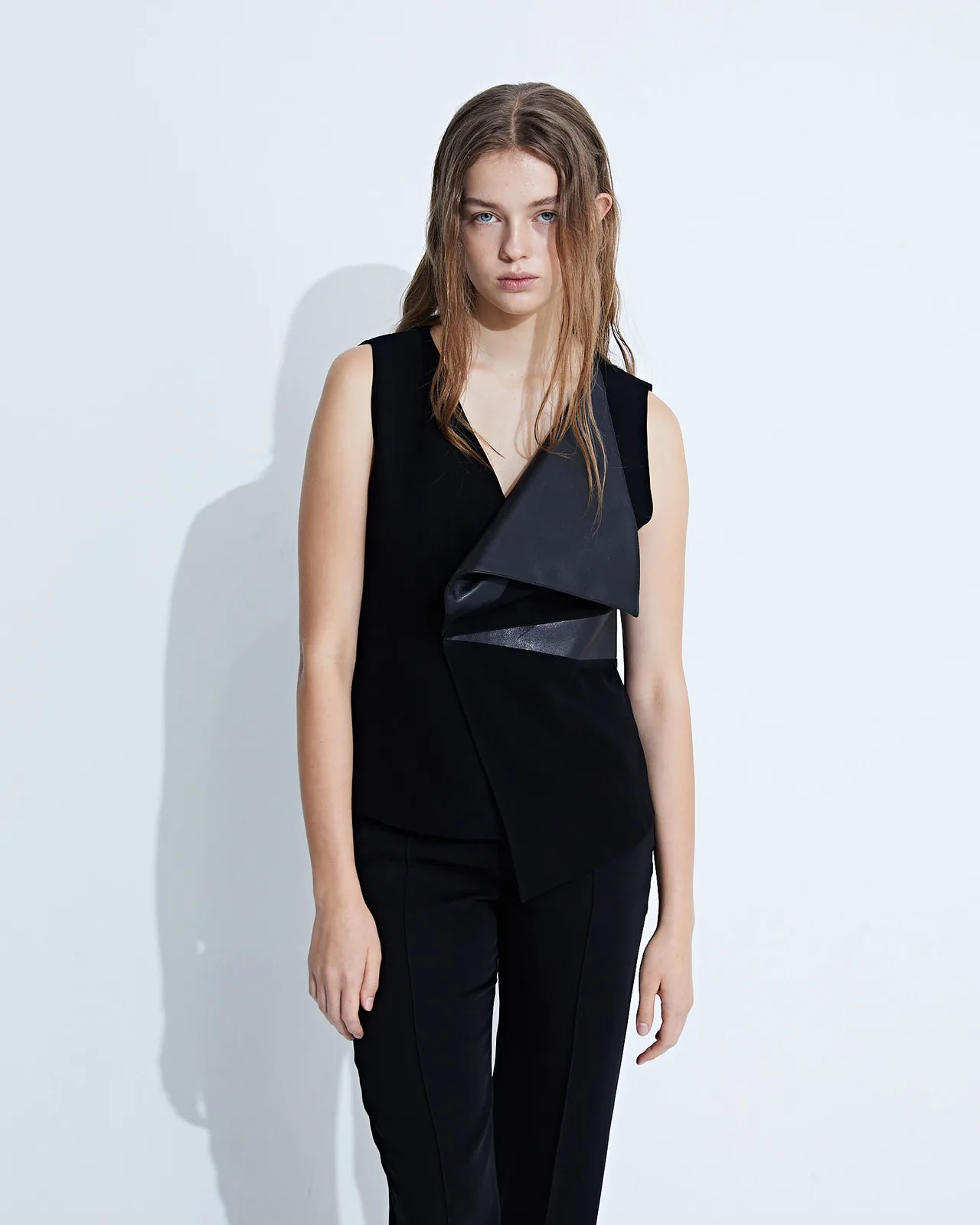 Leather-Detail Ruffle Top